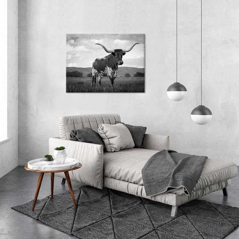 Visual Art Decor Longhorn Cow Pictures Black and White Cow Painting Canvas Wall Art Framed Artwork for Home Decor 24inchx32inch - Image 4